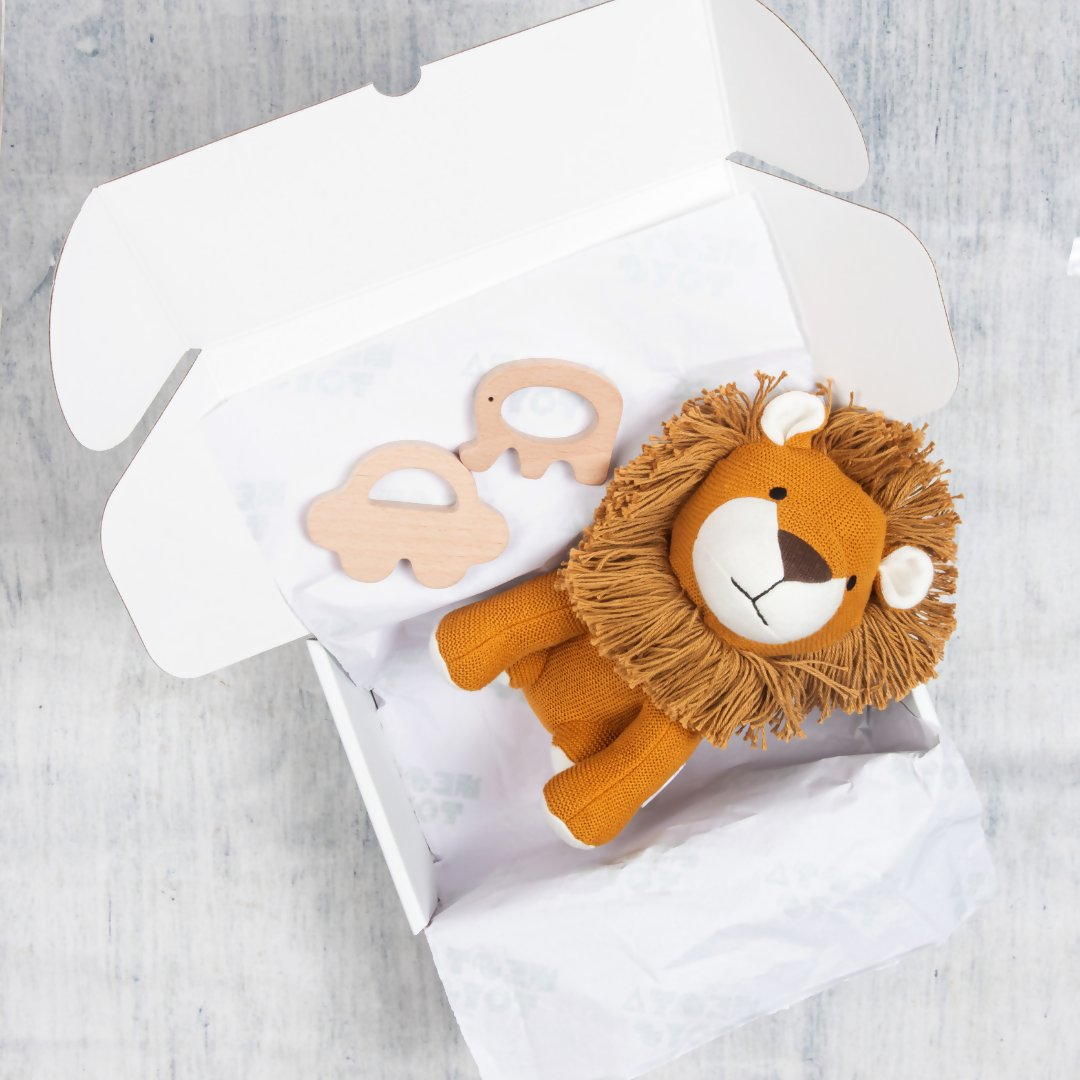 Nesta Toys Newborn Gift Set - Lion Plush Toy, Wooden Elephant & Car Teether | Grocsy