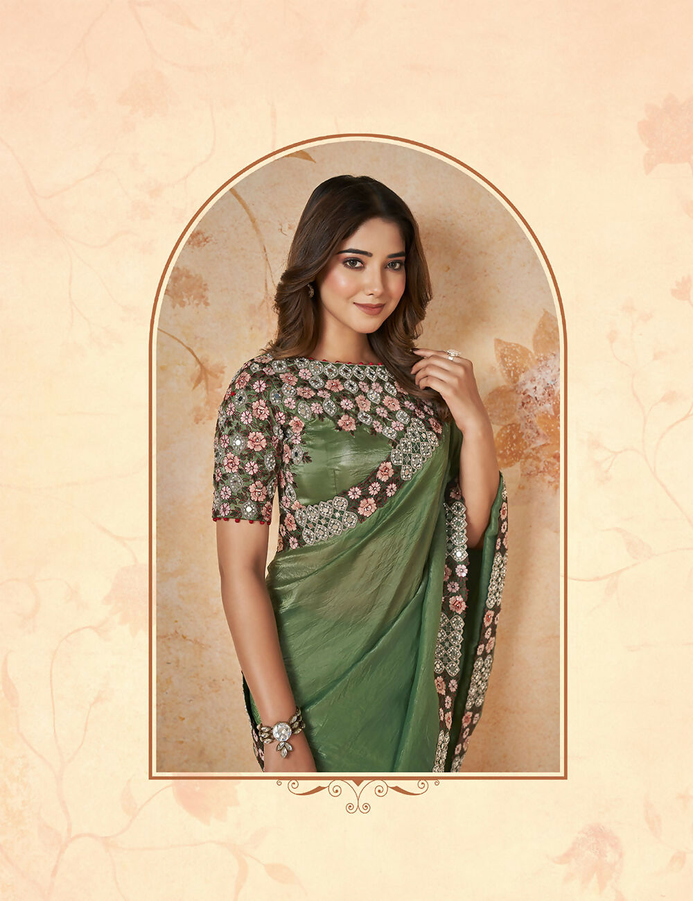 Green Banarasi Crush Silk Thread, Sequence, Cord Embroidered with Stone & Mirror Work Saree - Mohmanthan Dakshika | Grocsy