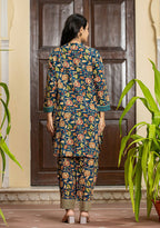 Kaajh Women's Blue Floral Printed Viscose Rayon Kurta Pant Set | Grocsy