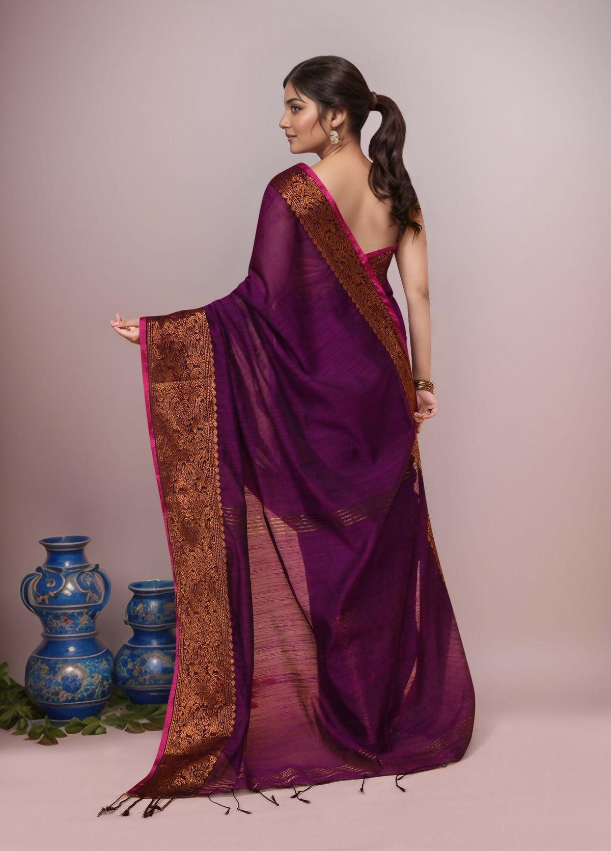 Joban Fashion Wine Cotton Blend Handloom Saree | Grocsy