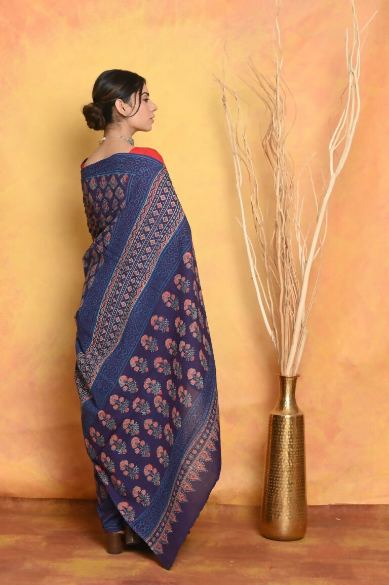 Very Much Indian Handblock Printed Cotton Saree With Natural Dyes - Blue | Grocsy
