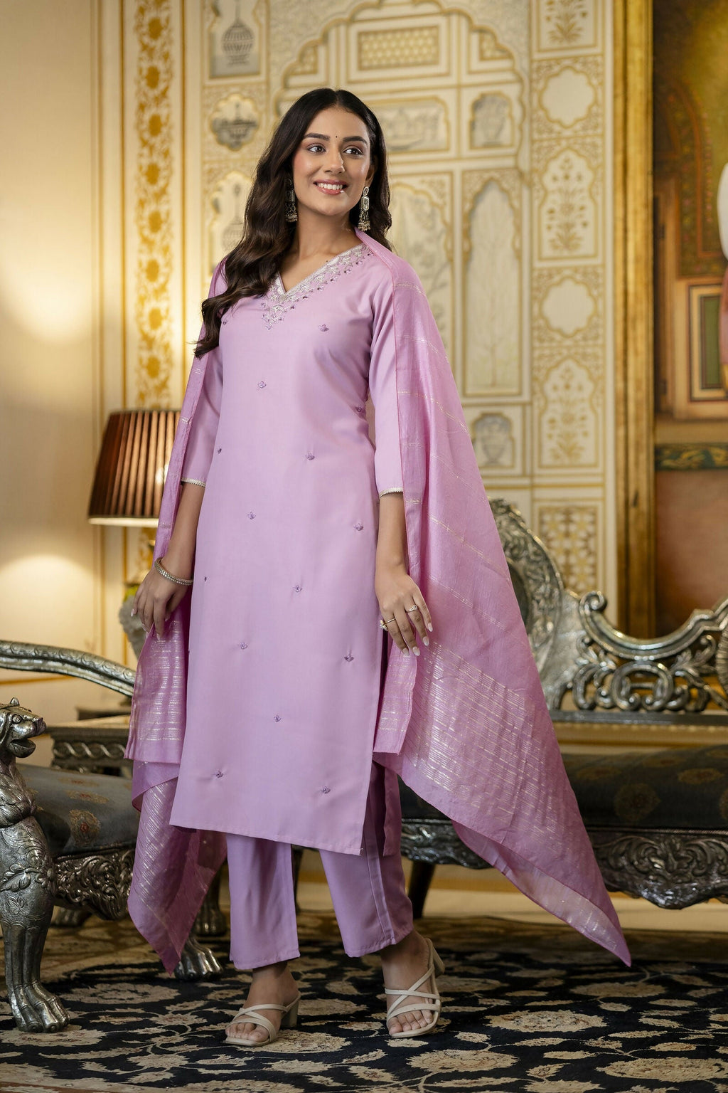 The52 Women's Beautiful Embroidery Work Viscose Rayon Fabric Straight Kurta Pant and Dupatta Set | Grocsy