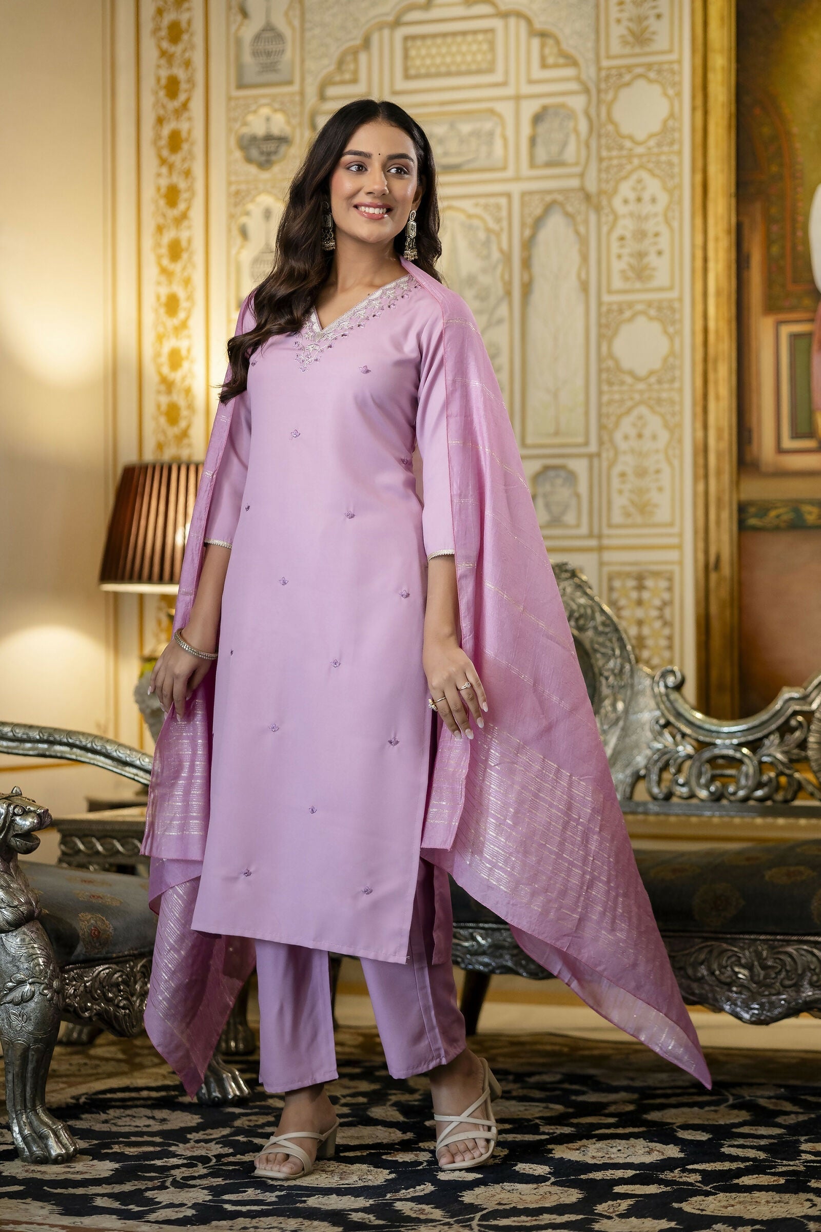 The52 Women's Beautiful Embroidery Work Viscose Rayon Fabric Straight Kurta Pant and Dupatta Set | Grocsy