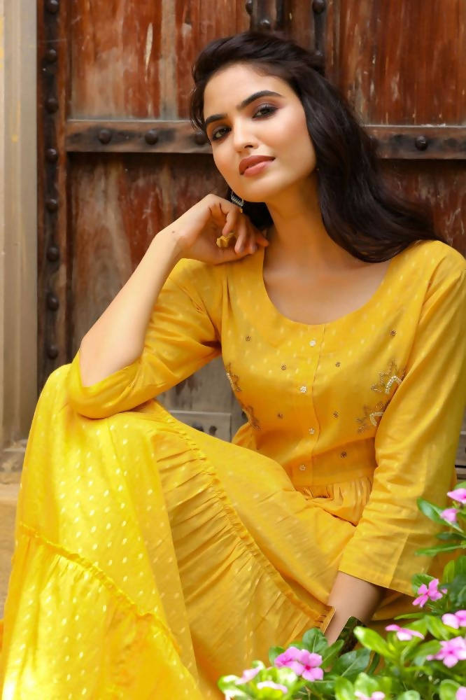Yufta Yellow Cotton Dobby Dress | Grocsy