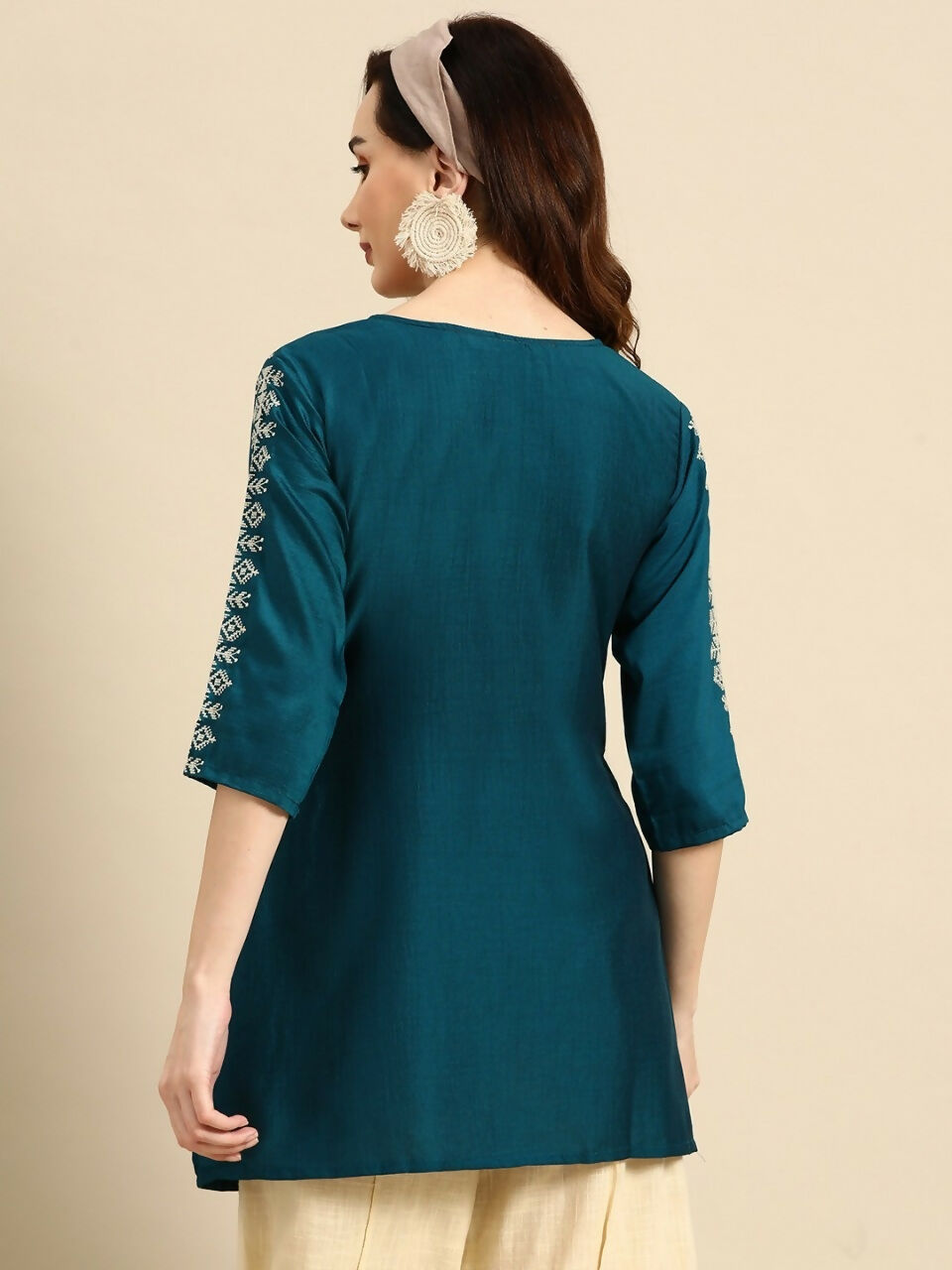 Women's Teal Viscose blend Embroidered Short Top - Marina | Grocsy