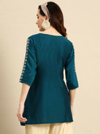 Women's Teal Viscose blend Embroidered Short Top - Marina | Grocsy