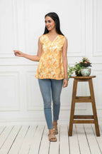 Myshka Women Mustard Floral V-Neck No Sleeves Polyester Top | Grocsy