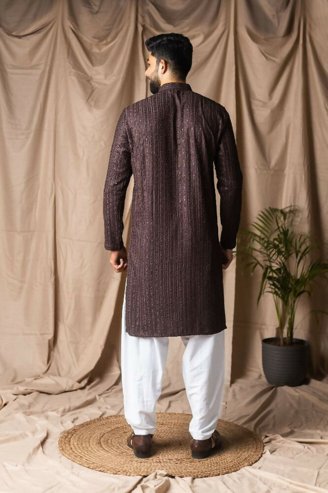 Dark Brown Rayon Thread Embroidery Work Kurta Set - Mahotsav | Grocsy
