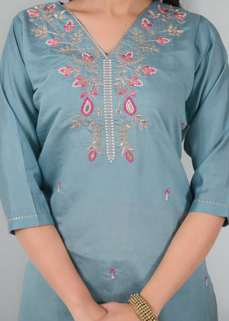 Ethnic Festive Wear Chanderi Viscose Sky Stitched Suit With Dupatta - Tanisha | Grocsy