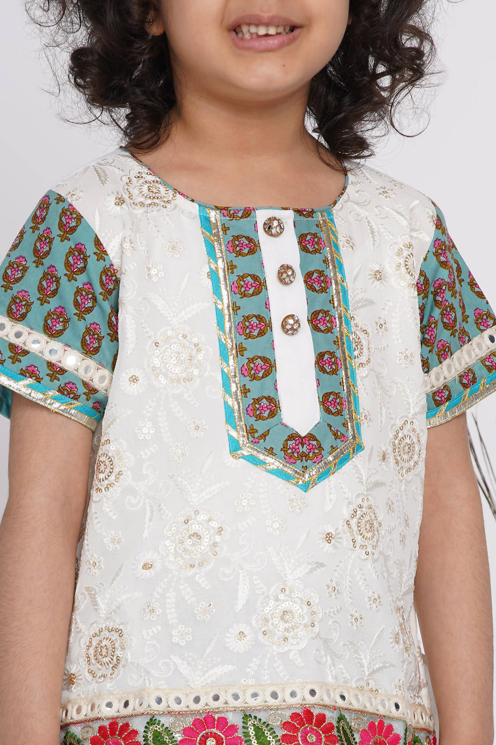Little Bansi Girls Cotton Embroidery Kurta With Lehenga & Tussel - White & Multicolor | Grocsy
