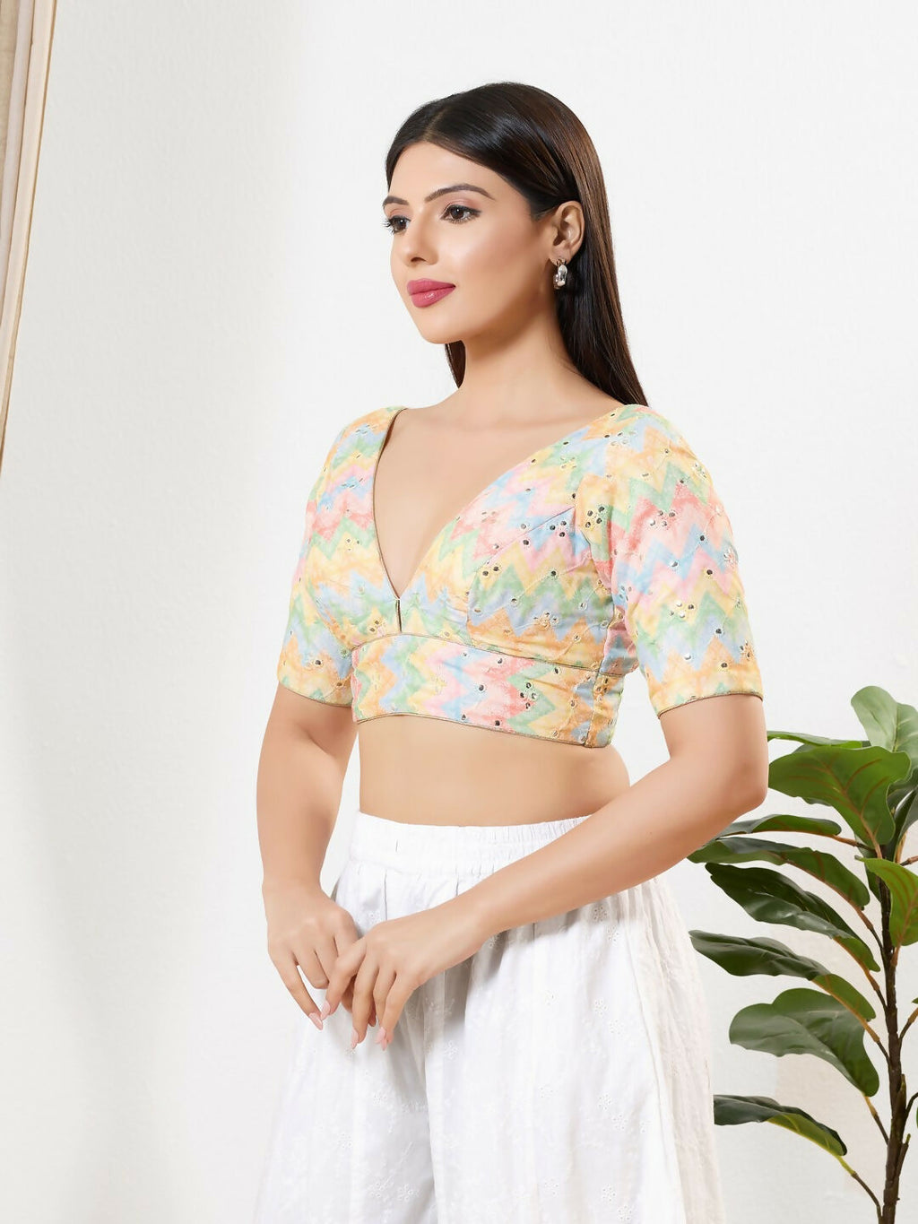 Joban Fashion Multi Silk Padded Blouse With V Neck Elbow Sleeves | Grocsy