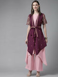 Ahalyaa Women Rose Pink Crepe Kurta Palazzos Set With Burgundy Jacket | Grocsy