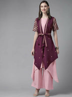 Ahalyaa Women Rose Pink Crepe Kurta Palazzos Set With Burgundy Jacket | Grocsy