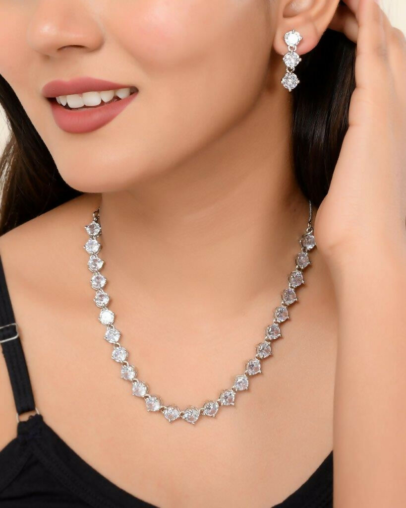 VOJ Silver Plated AD Studded Choker Jewellery Set | Grocsy
