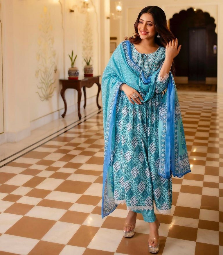Alvano Women's Aliya Cut Kurti with Pant and Dupatta set Cotton Printed (Blue) | Grocsy