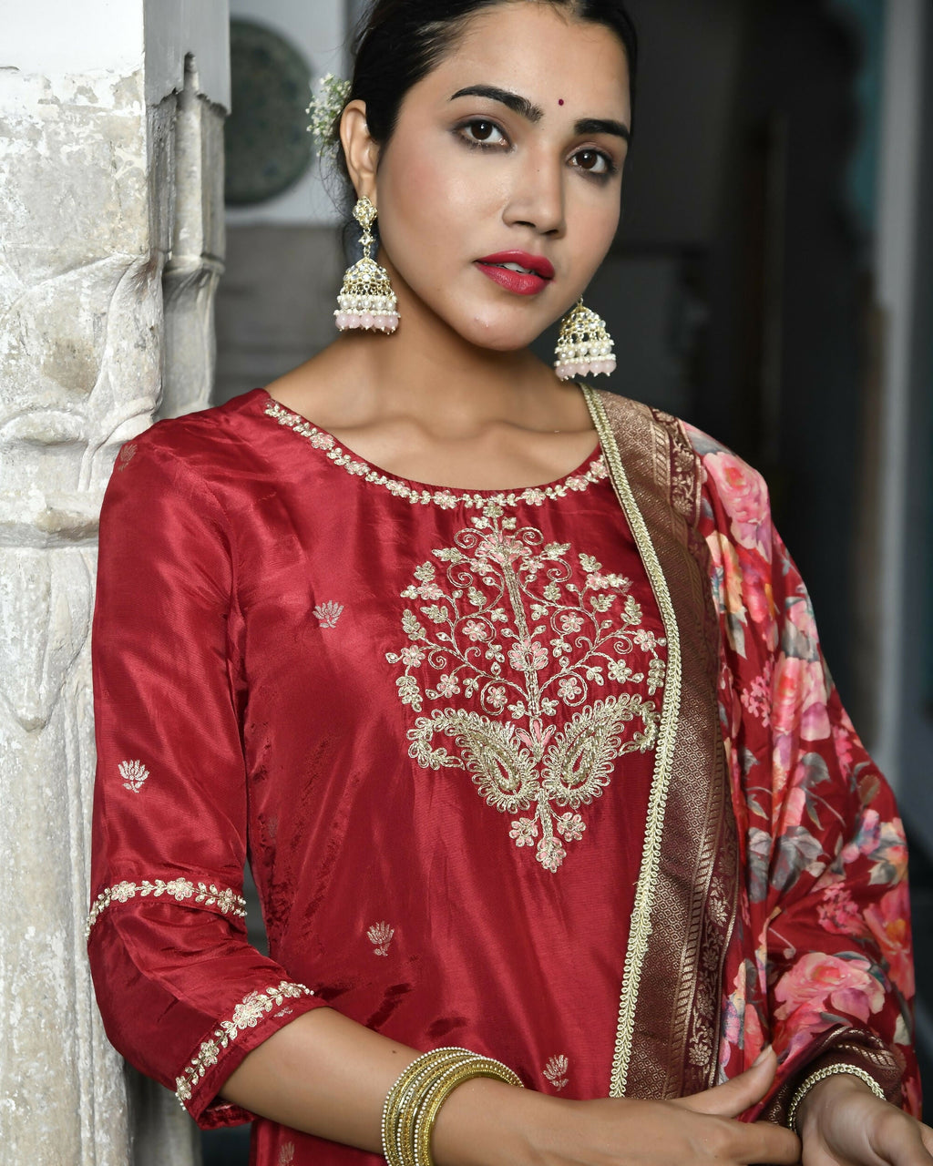Vaasva Women's Silk Emboidered Solid Pant Set & Digital Printed Dupatta | Grocsy
