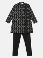 Ahalyaa Boys Black Chanderi Gold Printed Kids Kurta Churidar Set | Grocsy