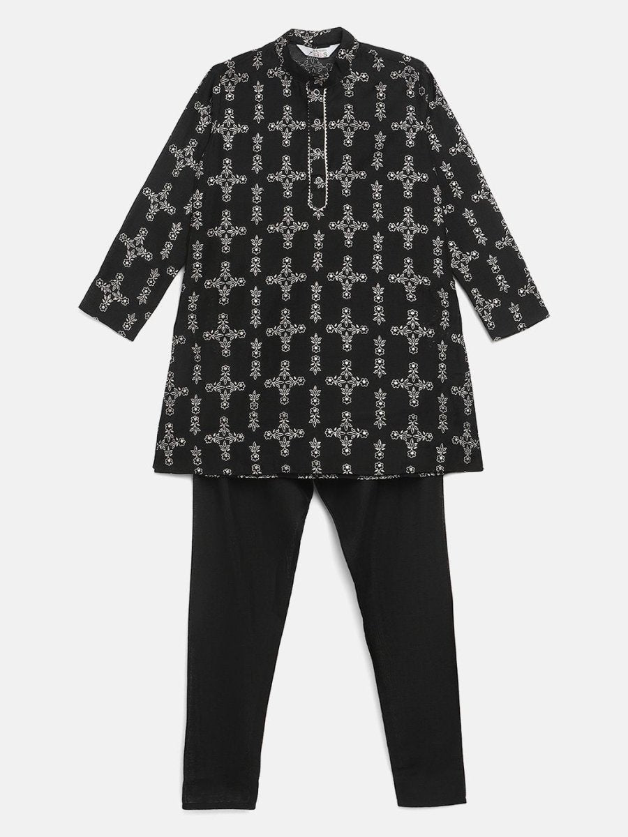 Ahalyaa Boys Black Chanderi Gold Printed Kids Kurta Churidar Set | Grocsy