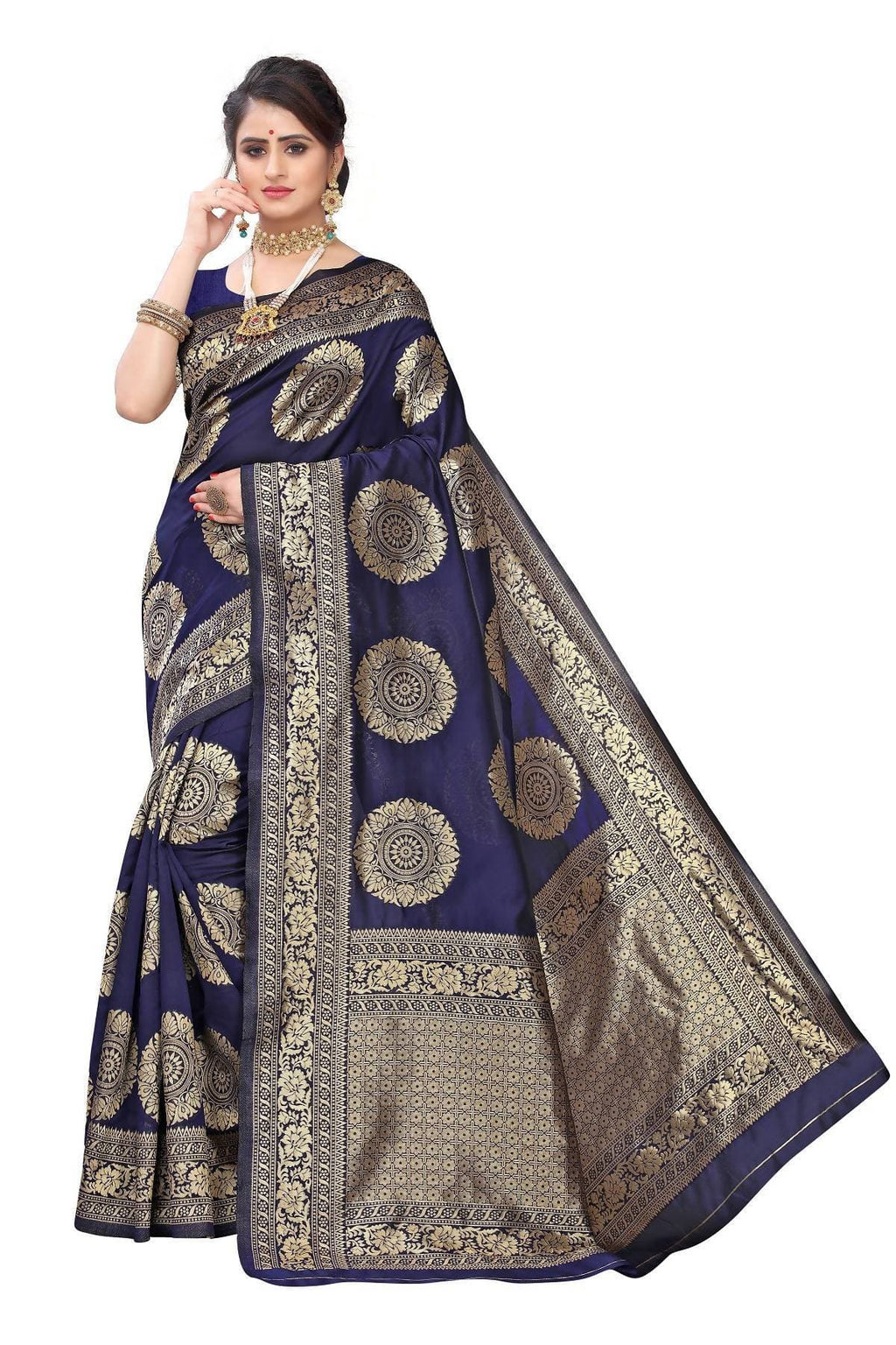 Vamika Traditional Banarasi Jacquard Weaving Navy Blue Saree | Grocsy