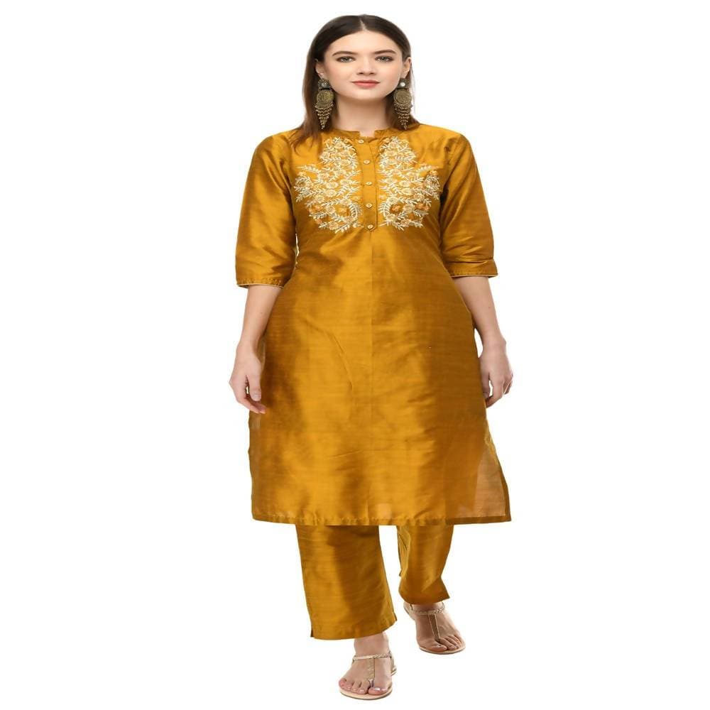 Lagi Women's Mustard Poly silk Straight Embroidred Kurta Pant (RO116C) | Grocsy