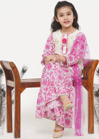 Little Bansi Girls Cotton Embroidery Kurta with Floral Sharara with Dupatta - White & Pink | Grocsy