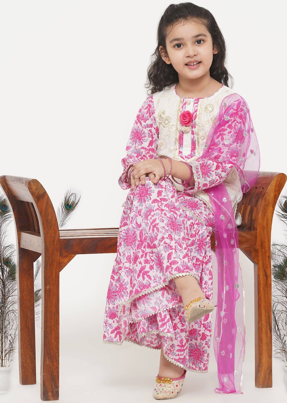 Little Bansi Girls Cotton Embroidery Kurta with Floral Sharara with Dupatta - White & Pink | Grocsy