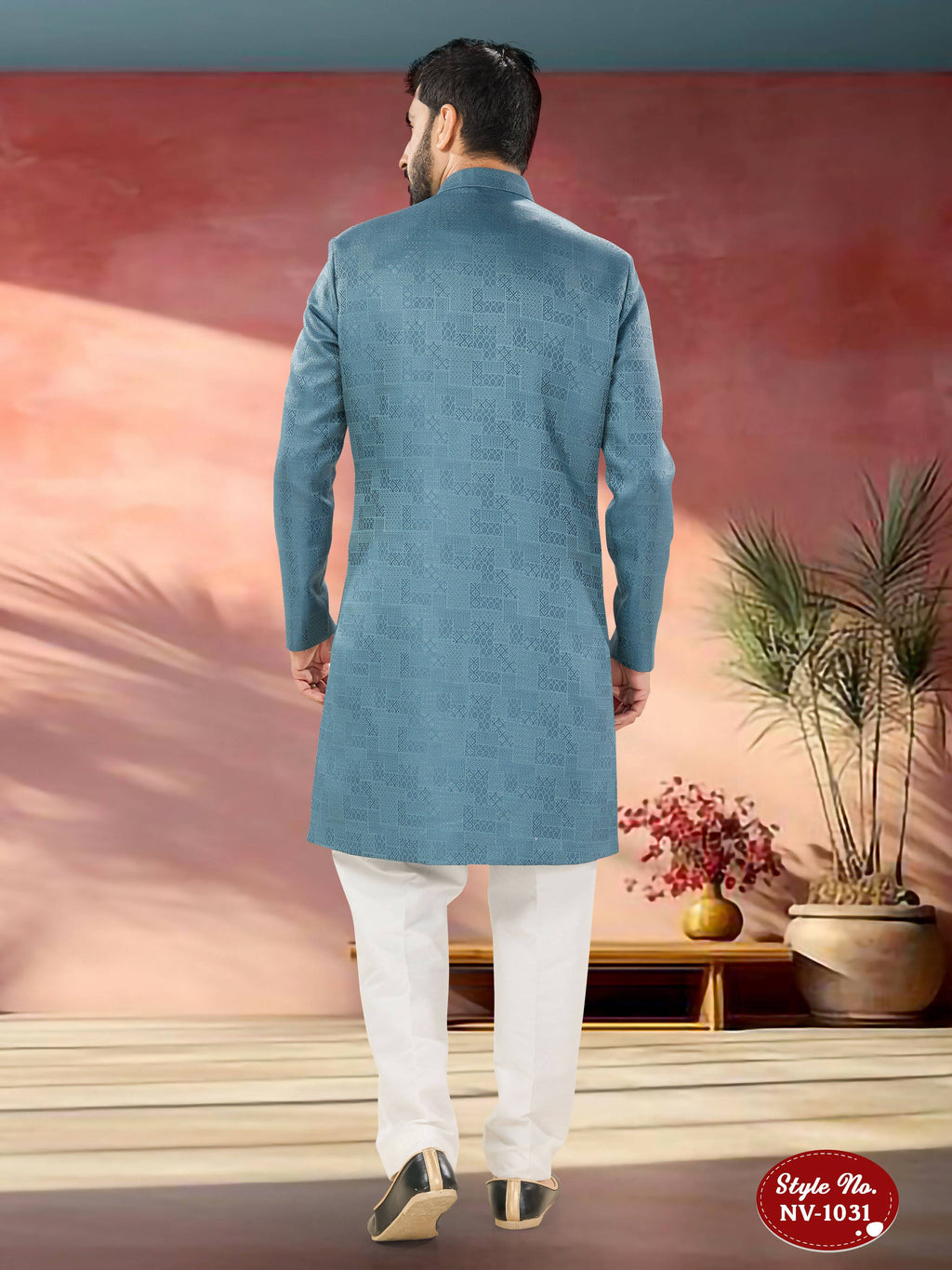 Joban Fashion Men's Blue Straight Imported Tr Self-Design In Fabric Indo-Western Kurta Set | Grocsy