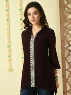 Myshka Women's Coffee Brown Embroidered Party Fusion Top | Grocsy