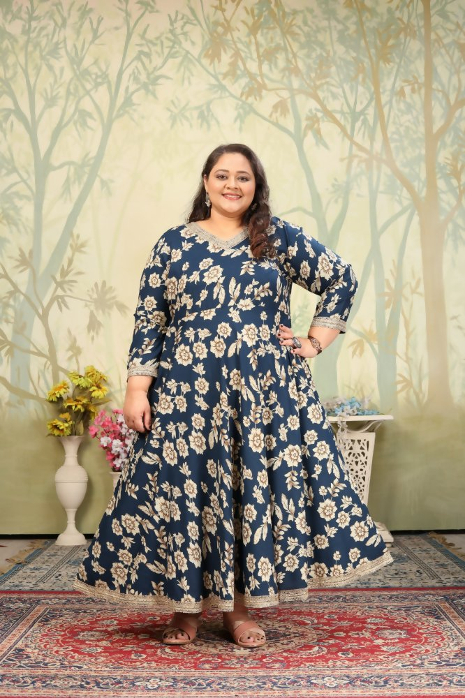 Jyoti Fashion Women's Navy Blue Rayon Floral Print with Sequins Designer Anarkali Set | Grocsy