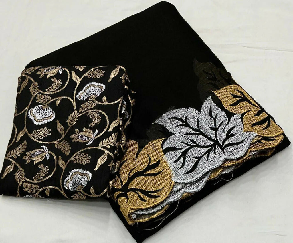 Vastranavya Satin Chiffon Silk Beautiful Designer Zari Thread Embroidery work of Leaf Design with Cutwork Border Saree with Blouse Material - Black | Grocsy