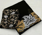Vastranavya Satin Chiffon Silk Beautiful Designer Zari Thread Embroidery work of Leaf Design with Cutwork Border Saree with Blouse Material - Black | Grocsy