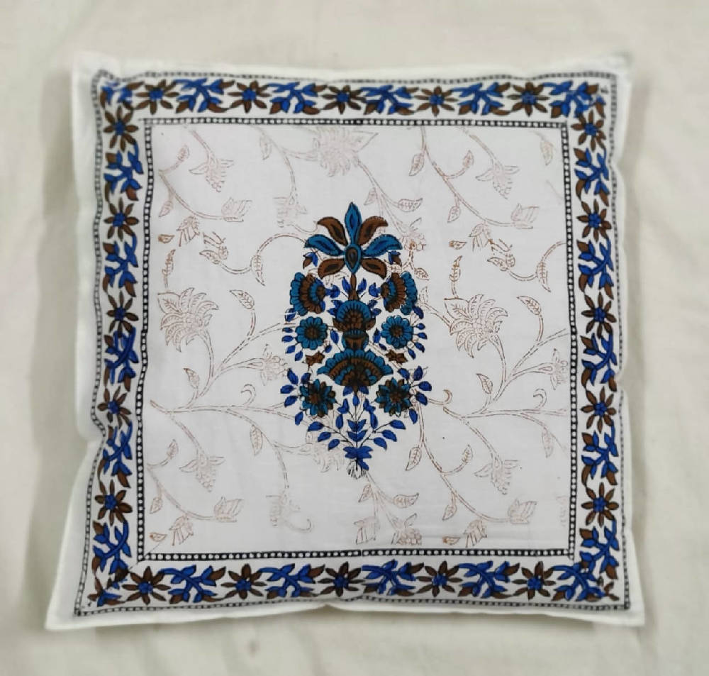 The Decor Nook Blue Floral Print With Blue Brown Border Cushion Cover | Grocsy