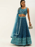 House of Panchhi Teal Net Sequinse Work Lehenga & Blouse, Dupatta | Grocsy