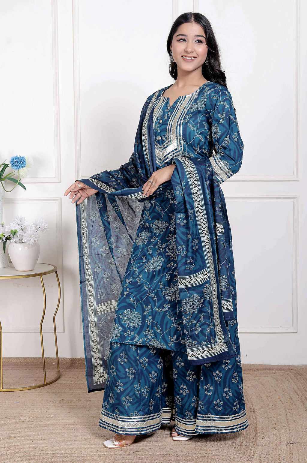 Miravan Women's Gota Patti Cotton Kurta Paired with Palazzo and Dupatta | Grocsy