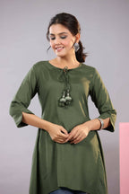 Juniper Women Olive Rayon Solid Asymmetric Kurta | Grocsy