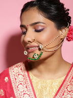 Gold-Polished White Green Kundan-Studded Pearl Beaded Nosepin - Ruby Raang | Grocsy