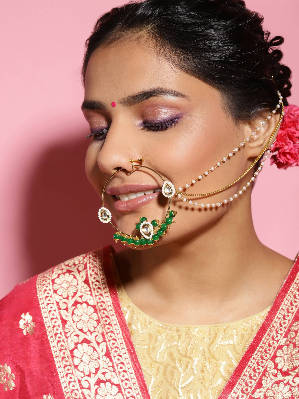 Gold-Polished White Green Kundan-Studded Pearl Beaded Nosepin - Ruby Raang | Grocsy