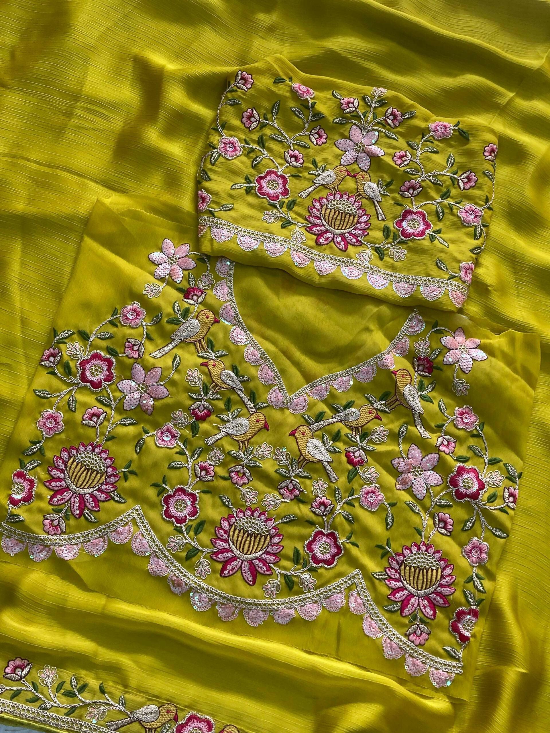 Teeya Creation New Trendy Party Wear Soft Satin Chiffon Saree-Yellow | Grocsy