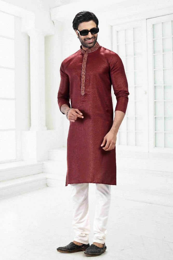 Raivat Ethnic Linen Cotton Thread Work Kurta Pajama In Maroon Colour | Grocsy