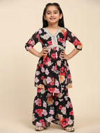 Alakhi Studio Girls Floral Georgette Printed V-Neck Kurta With Sharara - Black | Grocsy