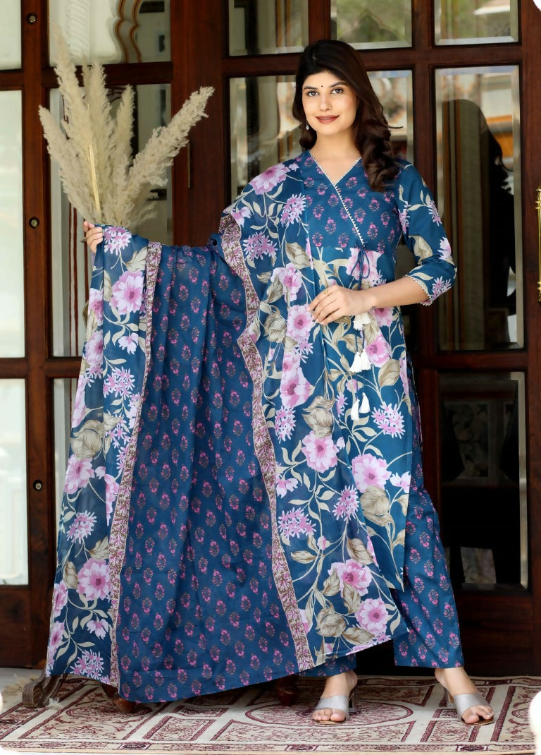 Miravan Women's Cotton Floral Angrakha Kurta And Palazzo With Dupatta Set | Grocsy