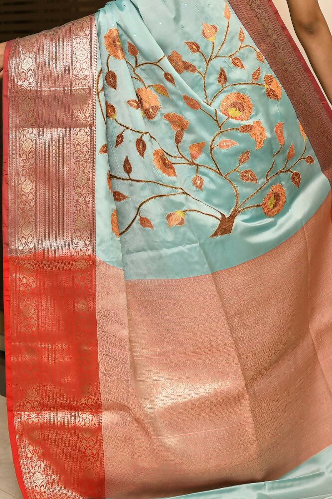 Joban Fashion CGren & Orange Saree Kataan Applick Witch Mirror | Grocsy