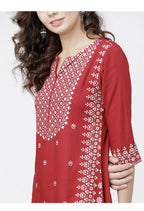 Cheera Embellished Daily Wear Cotton Blend Kurta - Red & White | Grocsy