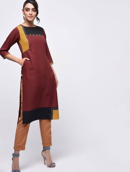 Aniyah Crepe Color Block Straight Brown Kurta (AN-139K) | Grocsy