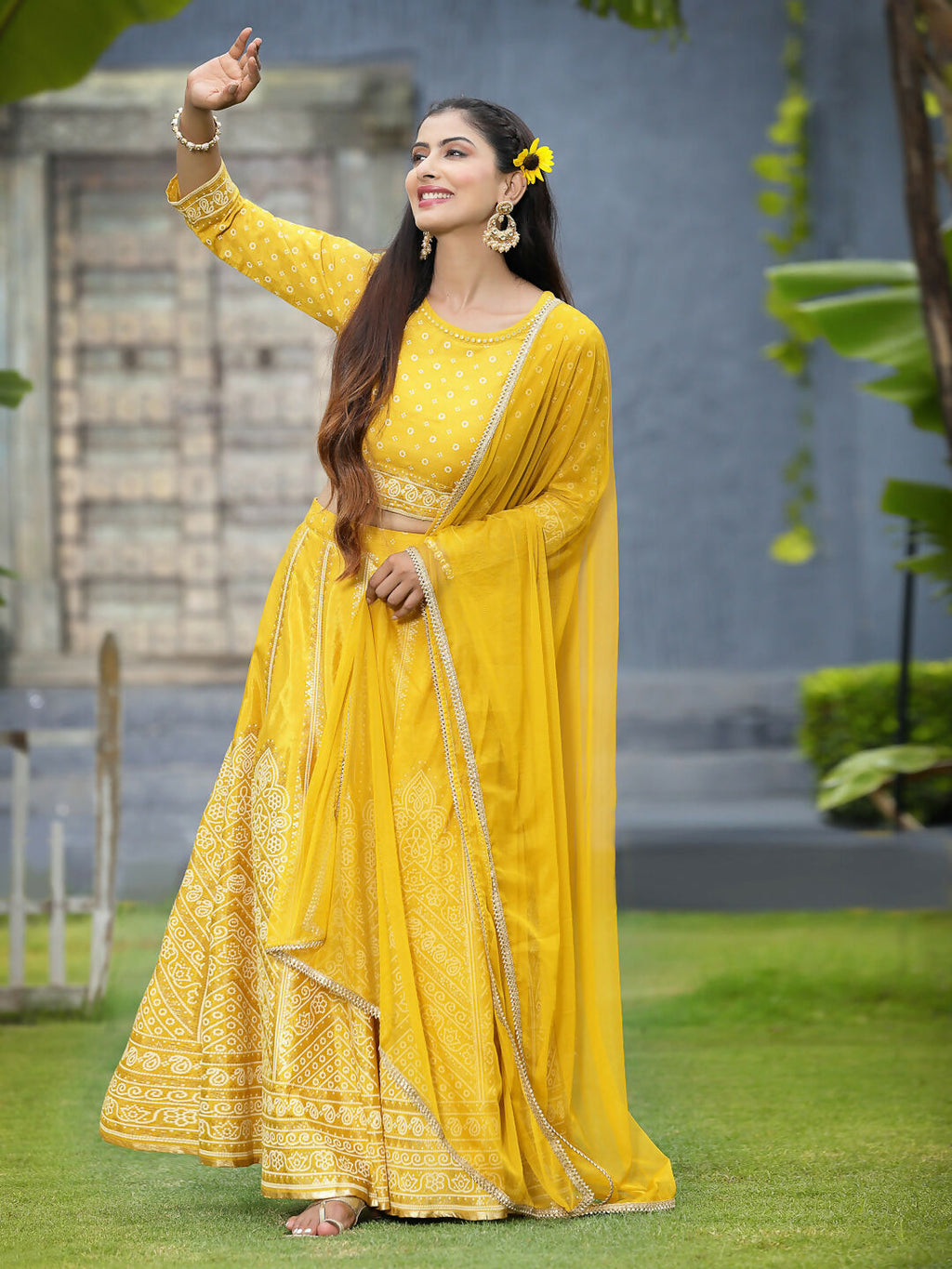 Juniper Mustard Bandhani Printed Shantoon Slub Lehenga Choli & Net Dupatta Set. | Grocsy