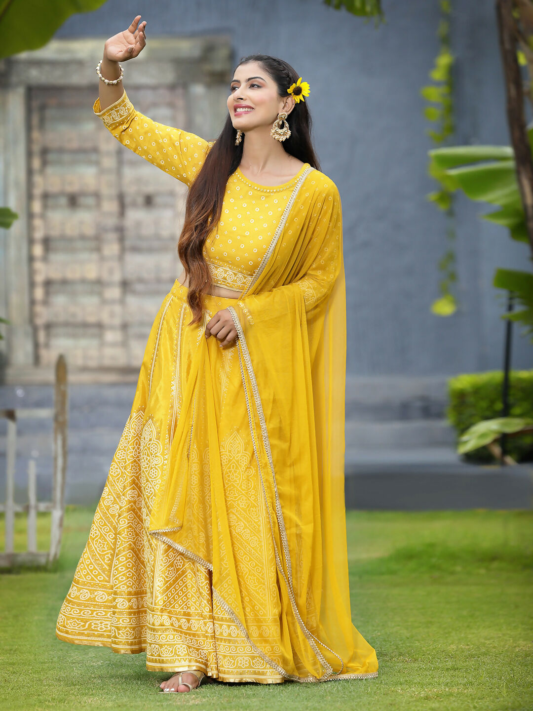 Juniper Mustard Bandhani Printed Shantoon Slub Lehenga Choli & Net Dupatta Set. | Grocsy