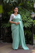 Green Poly Georgette Woven Design Saree with Unstitched Blouse - A2M | Grocsy