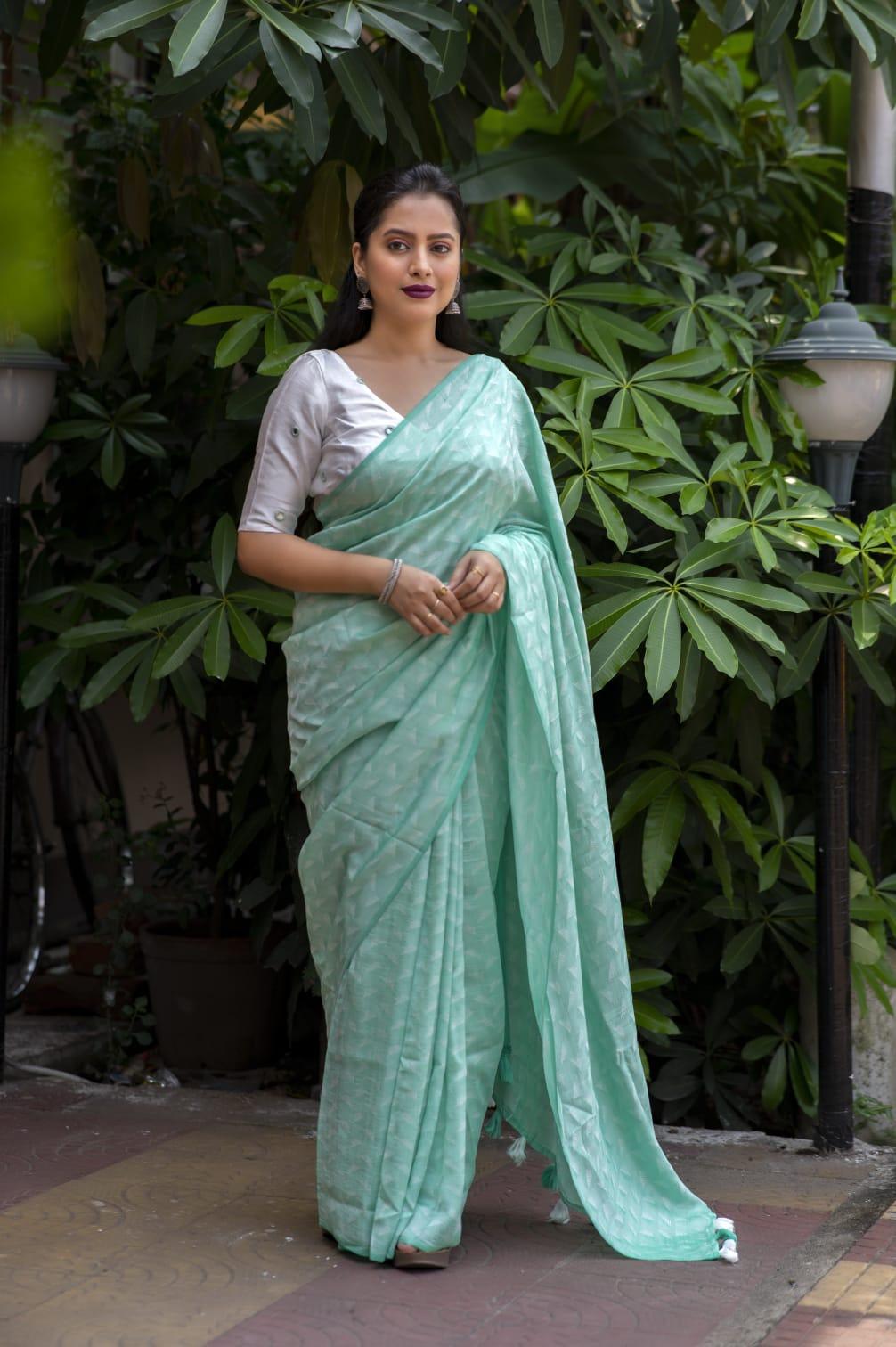 Green Poly Georgette Woven Design Saree with Unstitched Blouse - A2M | Grocsy
