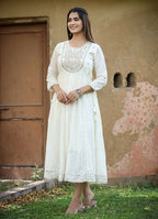 Kaajh Women's White Floral Embroidered Cotton Ethnic Dress | Grocsy