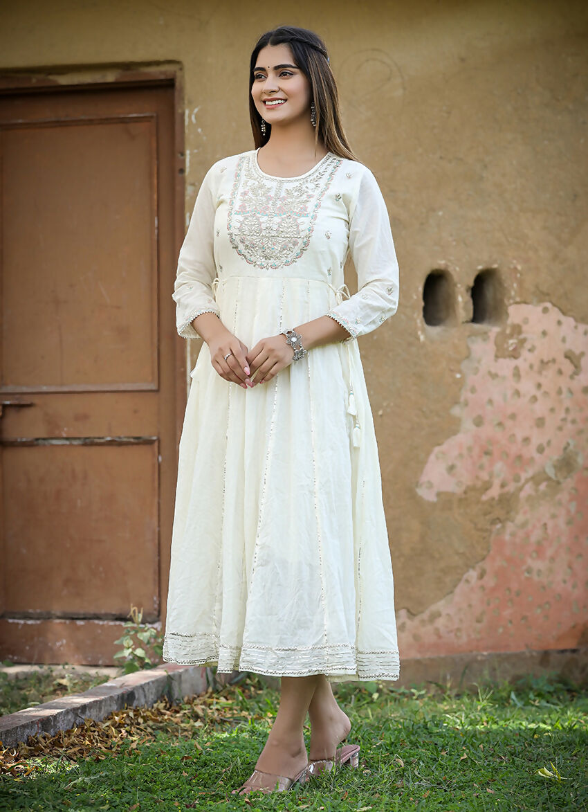 Kaajh Women's White Floral Embroidered Cotton Ethnic Dress | Grocsy